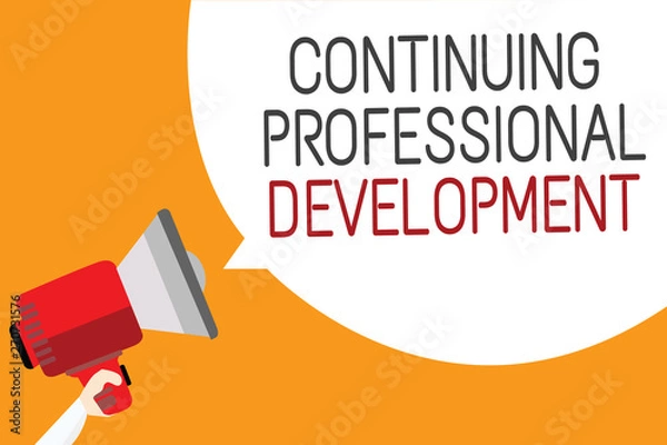 Fototapeta Text sign showing Continuing Professional Development. Conceptual photo tracking and documenting knowledge Man holding megaphone loudspeaker speech bubble message orange background