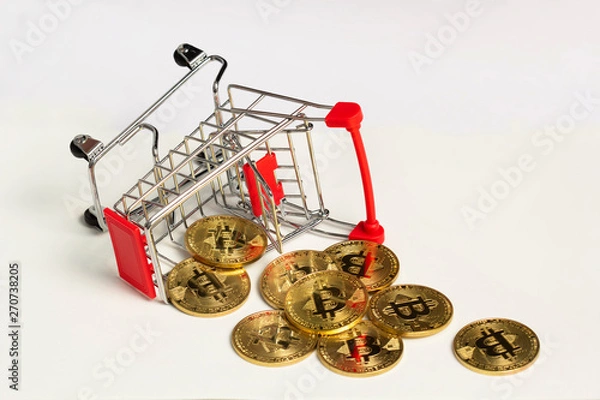 Obraz bit coin in bucket falling blockchain technology