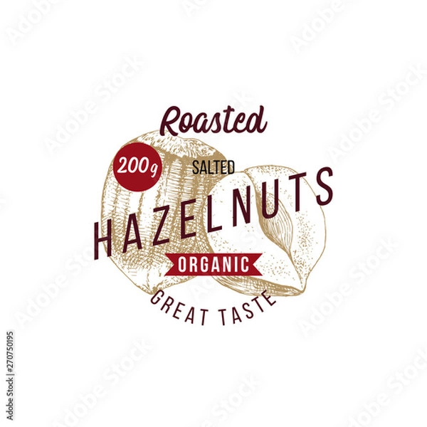 Fototapeta Emblem with type design and hand drawn hazelnuts