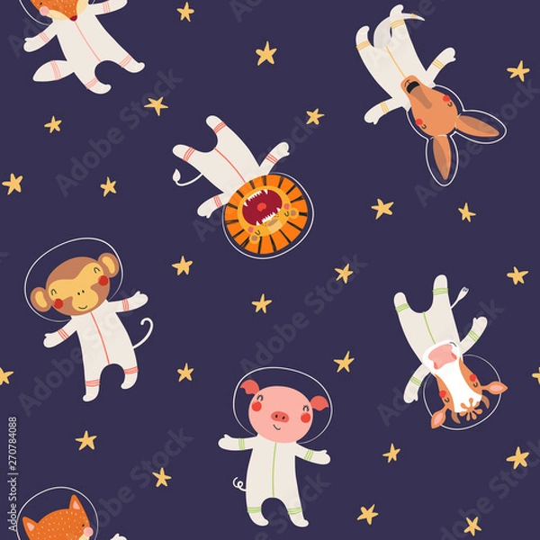 Fototapeta Hand drawn seamless vector pattern with cute animal astronauts, stars, in space, on a dark background. Scandinavian style flat design. Concept for children textile print, wallpaper, wrapping paper.