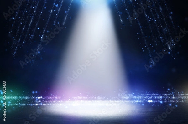 Fototapeta abstract dark concentrate floor scene with mist or fog, spotlight, glitter light bokeh for display