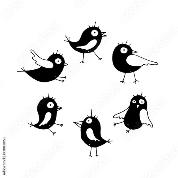 Fototapeta Cute cartoon hand drawn summer bird symbol set of funny birds. Sweet vector black and white summer bird symbol set. Isolated monochrome doodle summer bird symbol set for various projects.