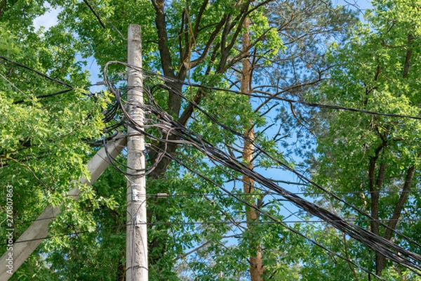Obraz Post with wires in trees.