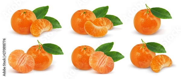 Fototapeta Mandarin fruits with leaves isolated on white background. Tangerine with leaves isolated on white background. The whole fruits and slices. Collection. Set.