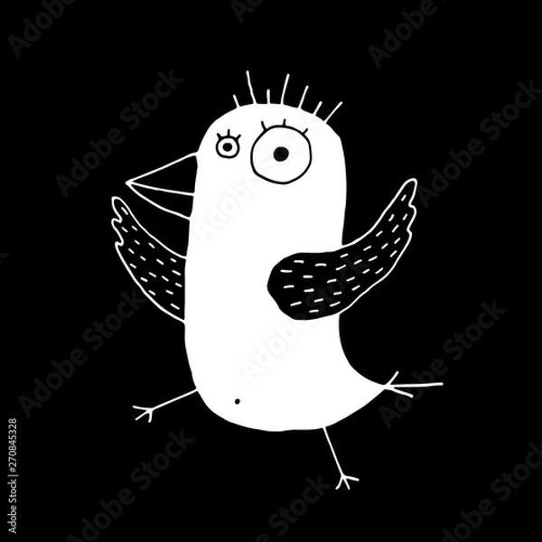 Fototapeta Cute cartoon hand drawn summer bird silhouette of funny bird. Sweet vector black and white summer bird silhouette. Isolated monochrome doodle summer bird silhouette on black background.