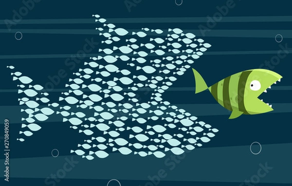 Obraz Unity of small fish eat big fish: Teamwork concept