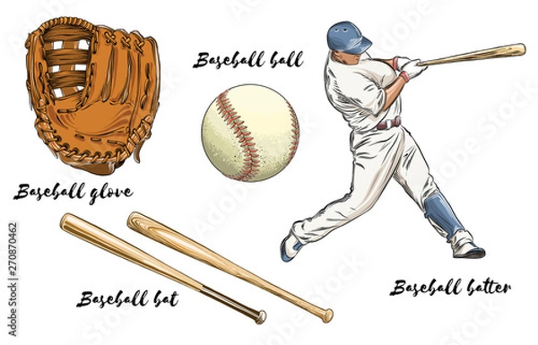 Fototapeta Set of baseball in color. Isolated on white background. Hand-drawn elements such as baseball player, glove, bat and ball. Vector illustration