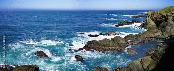 Fototapeta Panoramic view of coastline scenery of blue sky with rocks and sea on Pacific Coast, California