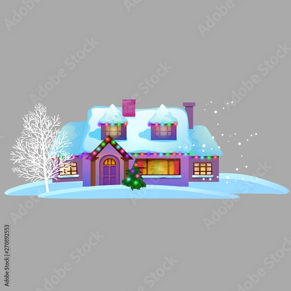 Obraz Cozy rustic small house with glowing windows isolated on grey background. Sample of poster, party holiday invitation, festive card. Vector cartoon close-up illustration.
