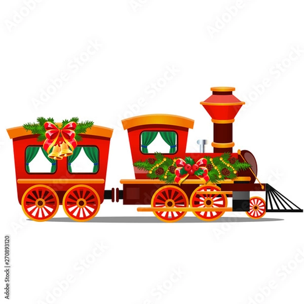 Obraz Little red train with wagons decorated red ribbon and Christmas decoration isolated on white background. Sample of poster, party holiday invitation, festive card. Vector cartoon close-up illustration.