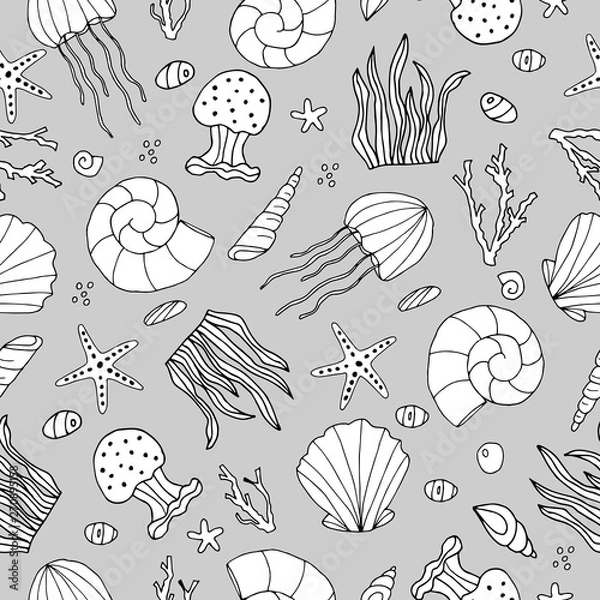 Fototapeta Zentangle stylized seashell and other sea inhabitants seamless pattern. Hand drawn aquatic doodle  illustration