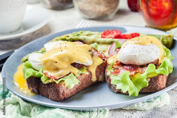 Fototapeta Sandwiches with bacon, poached egg and asparagus