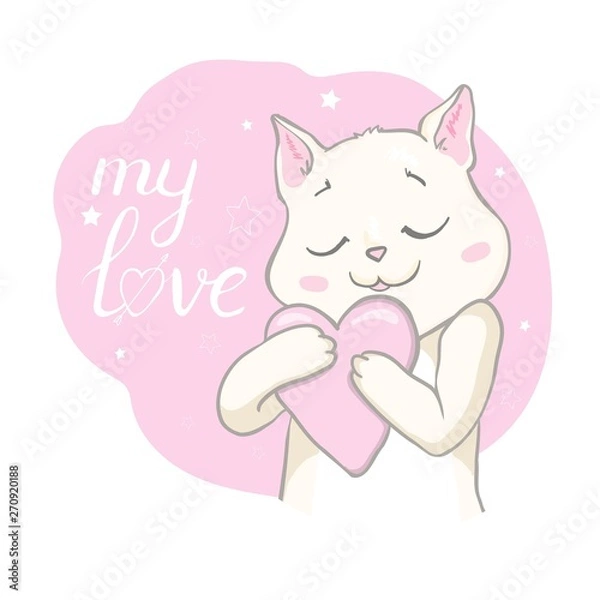 Fototapeta Hand drawn vector illustration of a kawaii funny unicorn cat with slogan phrase i`m cutie. Isolated objects on white background. Line drawing. Design concept for children print.