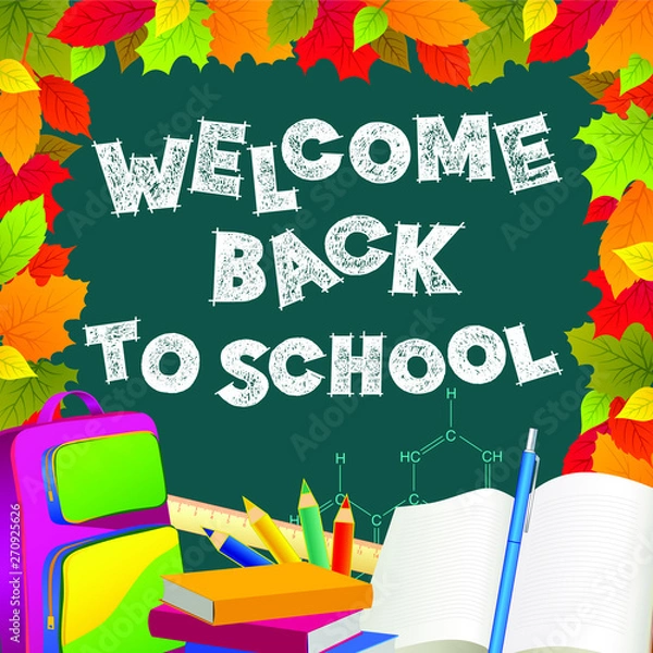 Obraz Back to school sign on the blackboard. Chalk letter effect. Study greeting announcement