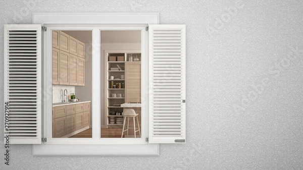 Fototapeta Exterior plaster wall with white window with shutters, showing interior modern kitchen, blank background with copy space, architecture design concept idea, mockup template