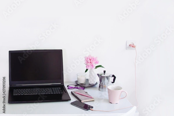 Fototapeta Dorm room, table with stationery and laptop. back to school, ready for studying.