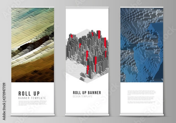 Fototapeta The vector layout of roll up banner stands, vertical flyers, flags design business templates. Big data. Dynamic geometric background. Cubes pattern design with motion effect. 3d technology style.