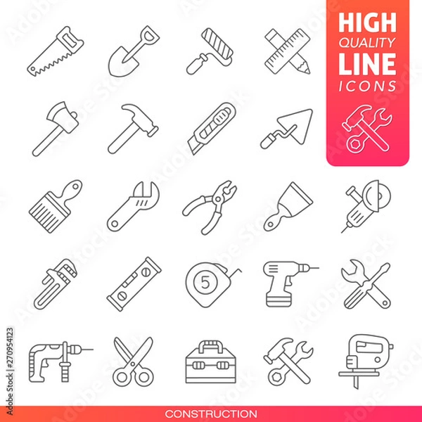 Fototapeta Modern Build Construction tools high quality line icons.  Vector