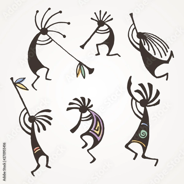 Fototapeta Hand drawn Kokopelli figures. Stylized mythical characters playing flutes.
