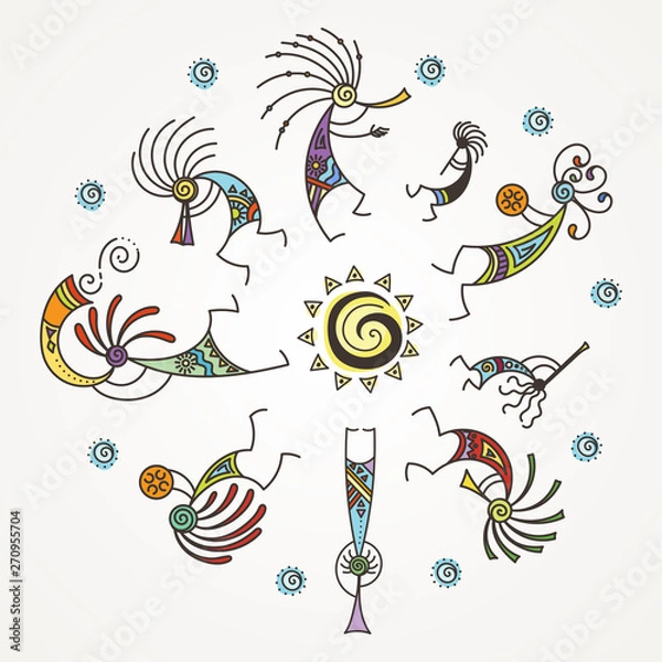 Fototapeta Hand drawn Kokopelli circle. Stylized mythical characters playing flutes.
