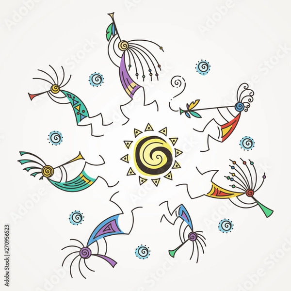 Fototapeta Hand drawn Kokopelli circle. Stylized mythical characters playing flutes.