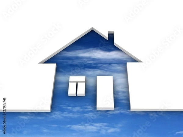 Fototapeta Eco house metaphor. House with sky and clouds.