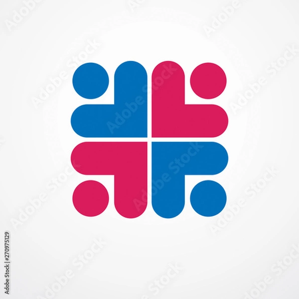 Obraz Teamwork and friendship concept created with simple geometric elements as a people crew. Vector icon or logo. Unity and collaboration idea, dream team of business people colorful design.