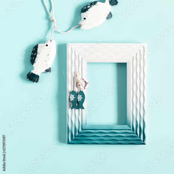 Fototapeta Sea, beach composition on pastel blue background. Summer concept. Flat lay, top view, copy space