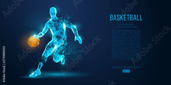 Obraz Abstract basketball player from particles, lines and triangles on blue background. All elements on a separate layers, color can be changed to any other. Low poly neon wire outline geometric vector