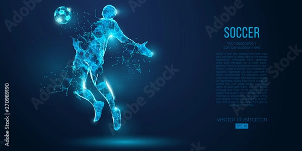 Obraz Abstract soccer player, footballer from particles on blue background. All elements on a separate layers, color can be changed to any other. Low poly neon wire outline geometric football player. Vector