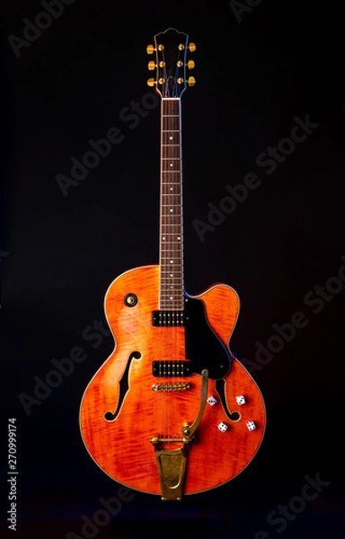 Fototapeta Vintage Electric Guitar, Orange flame maple, 6 String isolated on black