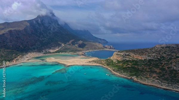 Fototapeta Aerial drone bird's eye view photo of tropical caribbean paradise bay and lagoon with white sandy beach and turquoise clear sea