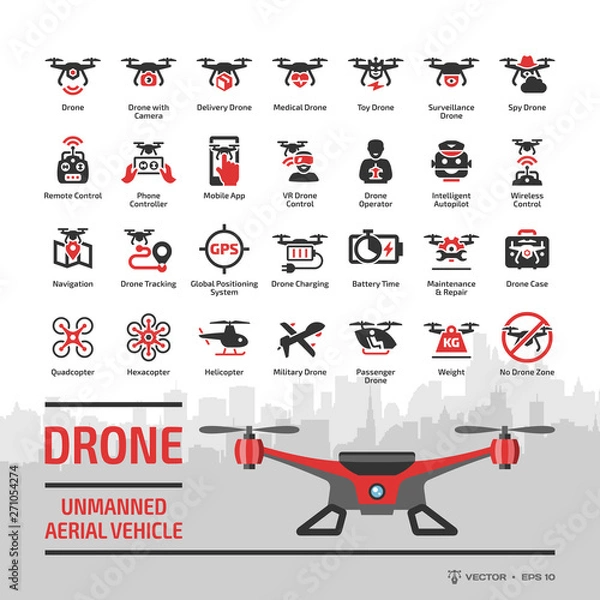 Fototapeta Drone unmanned aerial vehicle glyph icon set with flat red UAV, skyline, autonomous technology, sky camera, military and delivery aircraft robots, helicopter, remote control silhouette symbols.