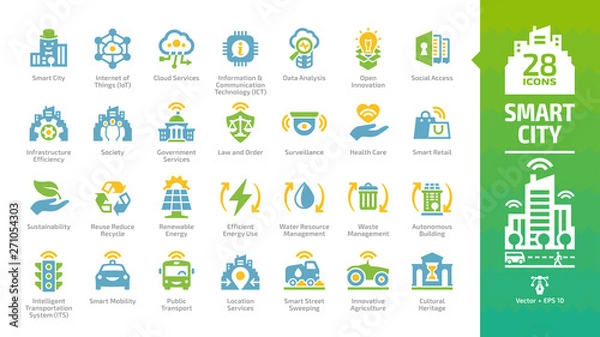 Obraz Smart city color icon set with infrastructure efficiency tech, future digital urban, autonomous building, information & communication technology ICT, data analysis and more glyph sign.