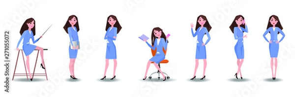 Obraz Vector illustration in a flat style .Set of a young woman in casual office dress code clothes in different poses. A character for your project. 