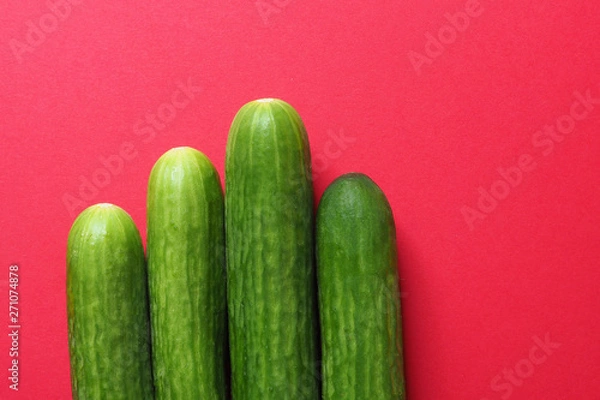 Fototapeta Vier Schlangengurken auf rotem Hintergrund