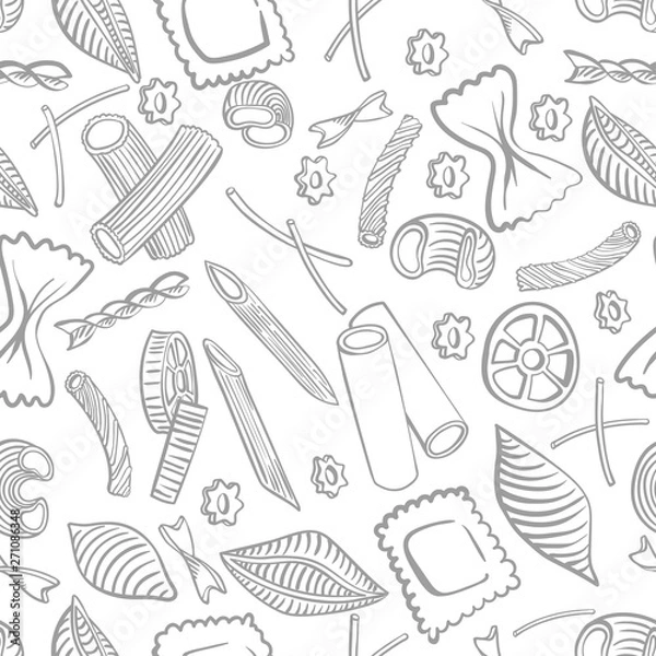 Fototapeta seamless pattern with italian macaroni of different kinds. light coloured hand draw on white background