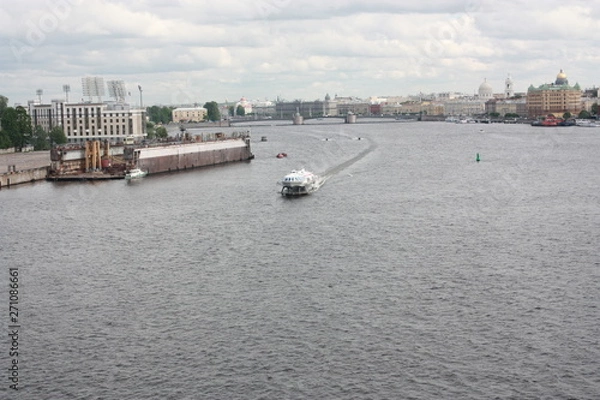Fototapeta view from the bridge to the Neva river and boats of St. Petersburg   