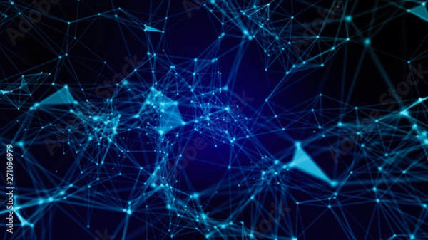 Obraz Blurry abstract  3d Rendering Abstract Background blue  Network concept . Future backgroundTechnology concept. 3d landscape. Big data. Lanscape with connections dots and lines on dark background. 