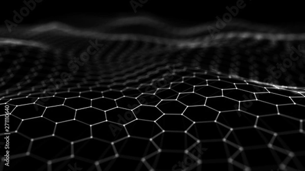 Obraz Futuristic black hexagon background. Futuristic honeycomb concept. Wave of particles. 3D rendering. Data technology background
