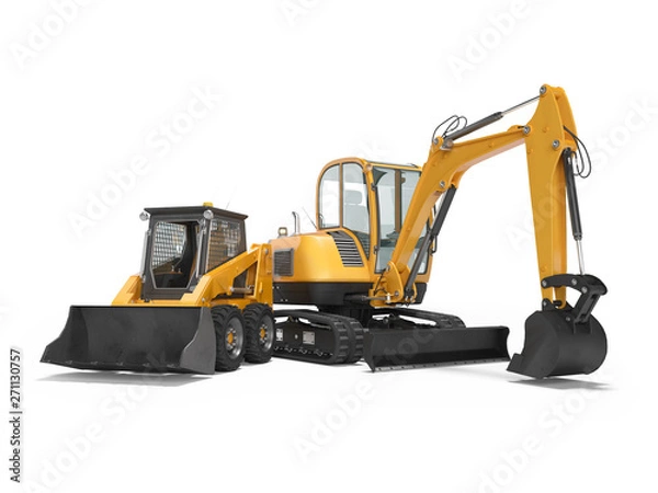Fototapeta Orange mini crawler excavator and mini loader isolated 3d render on white background with shadow