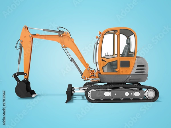 Fototapeta Orange mini tracked excavator left view 3d render on blue background with shadow