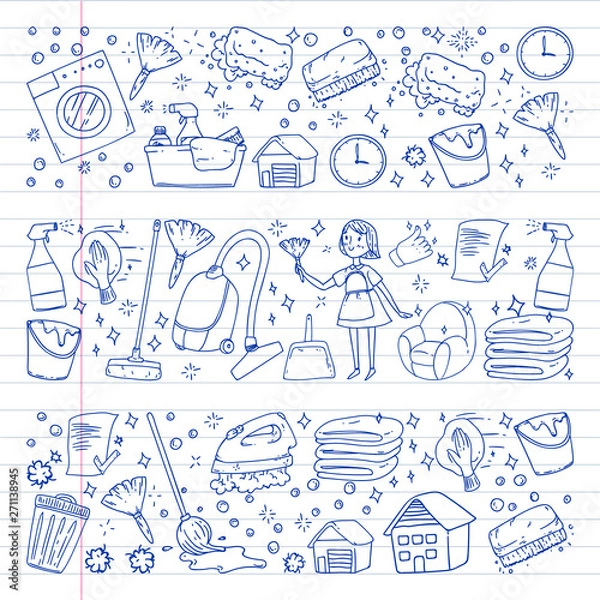 Fototapeta cleaning services company vector monochrome pattern on white background, drawing pen, notebooks lined