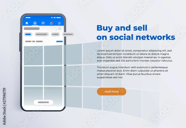 Fototapeta News feed in a social network in the form of a grid. Promotion in social media. Smartphone with social network interface. Screen phone with the application. Modern black smartphone 2019