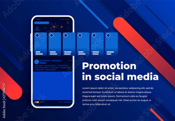 Fototapeta Promotion in social media. Smartphone with interface carousel post on social network. Stories in social networks. Modern white smartphone. Blue abstract background for website and mobile app banner