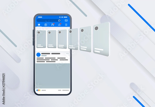 Fototapeta Promotion in social media. Smartphone with interface carousel post on social network. Stories in social networks. Design template from landing page or poster. Modern black smartphone 2019