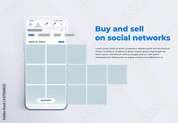 Fototapeta News feed in a social network in the form of a grid. Promotion in social media. Smartphone with social network interface. Screen phone with the application. Design template from landing page or banner