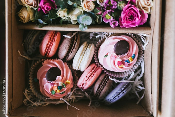 Fototapeta Multicolored handmade macarons in a gift box