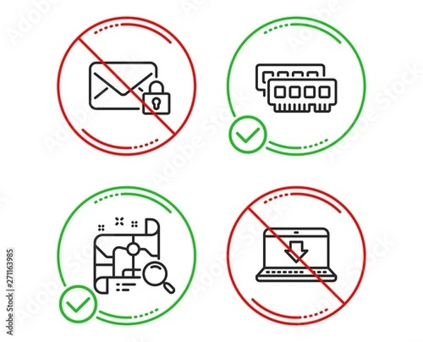 Fototapeta Do or Stop. Ram, Search map and Secure mail icons simple set. Internet downloading sign. Random-access memory, Find address, Private e-mail. Load data. Technology set. Line ram do icon. Vector