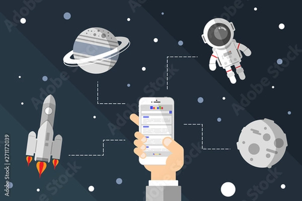 Fototapeta Flat design, Hand holding a smartphone in the search page, Science and space, moon, rocket, Astronaut , planet, Vector illustration, Infographic Element